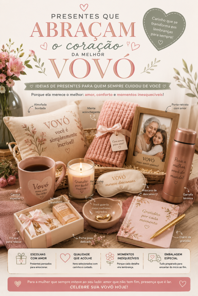 Colagem com sugestões de presentes para vovó, incluindo kit de autocuidado, café gourmet, pantufas confortáveis, porta-retratos, livros, canecas e itens para momentos especiais em família.