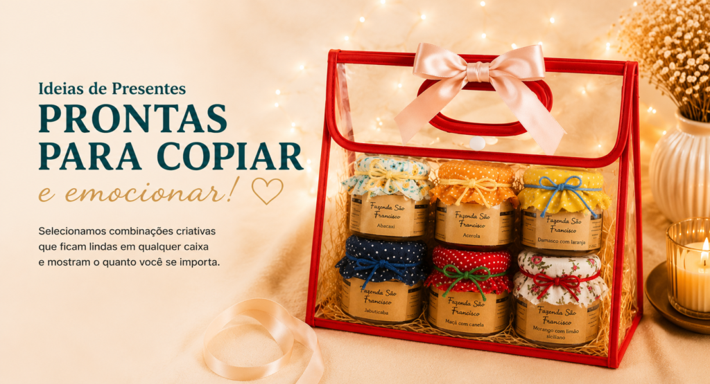 Banner com 42 ideias de presentes criativos para copiar, incluindo kits personalizados, presentes gourmet e inspirações para diferentes ocasiões.